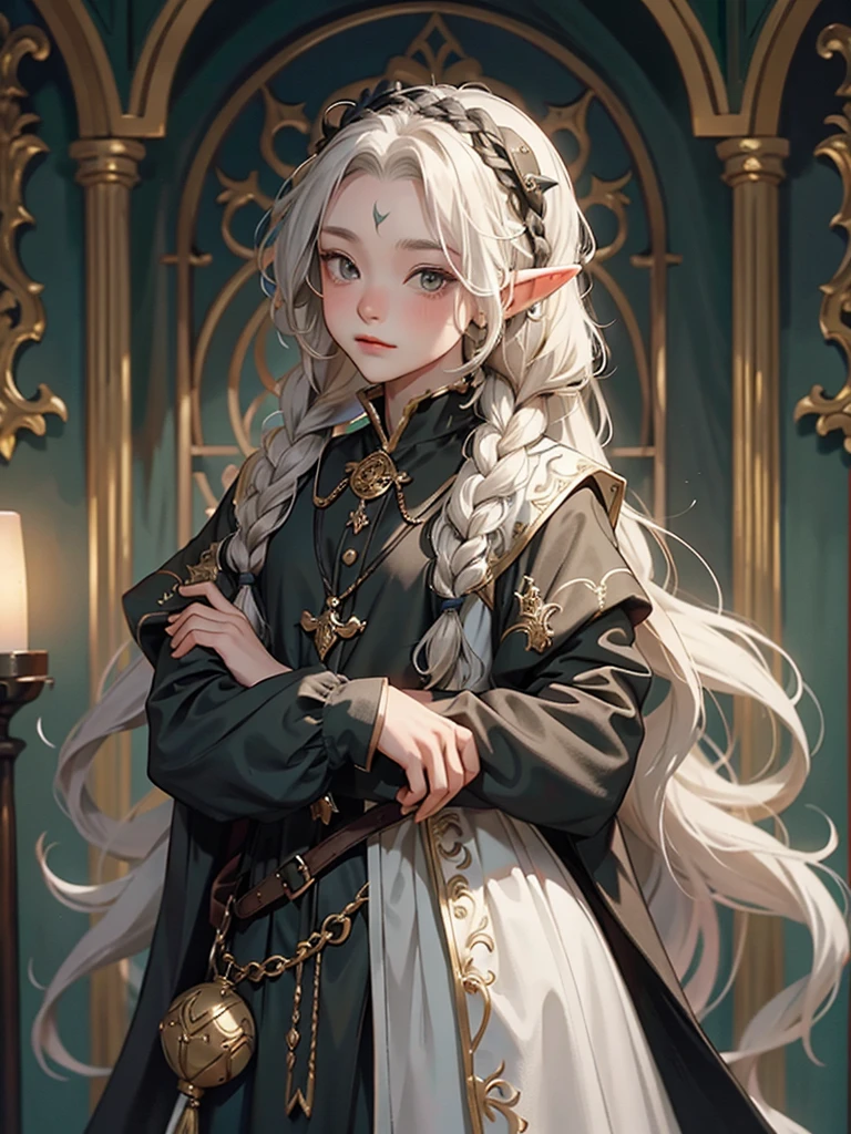 elf, young cute boy, long hair, braids, young, cute, ,medieval clothes, black and white clothes, jester, tanned skjin