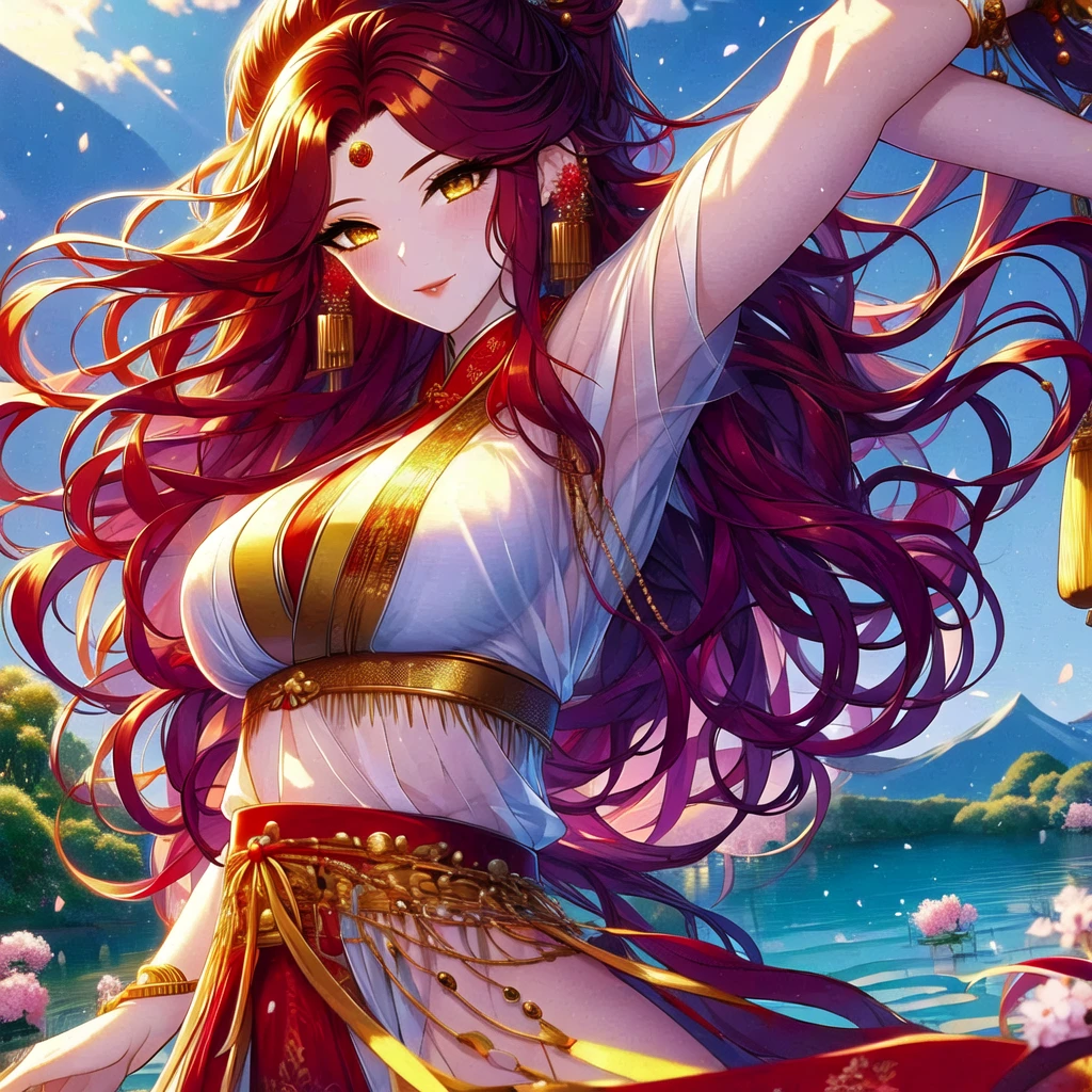 (masterpiece, best quality: 1.2), 1 female, solo, dancing alone, Xian Mei, beautiful golden eyes, long red curly hair, detailed face, beautiful face, jewelry, perfect anatomy, perfect body, traditional pink-purple belly dance dress, medieval china, sexy, hot, big breasts, beautiful breasts, beautiful background, belly dance, dance, beautiful dance, mountains in the background, Japanese cherry trees, daytime, sharp image, clear image, HD resolution, quality,