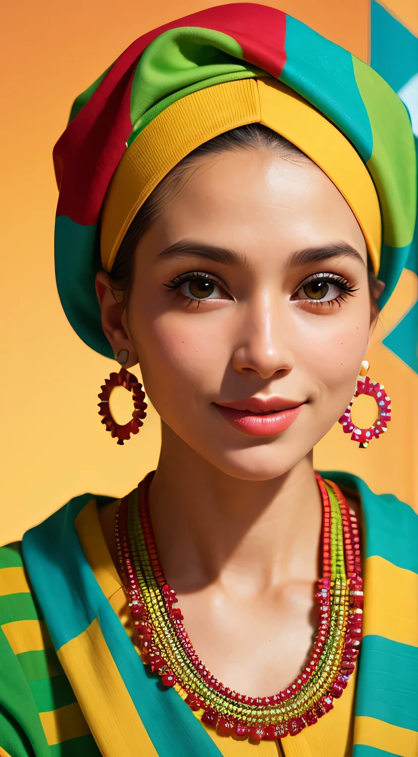 Woman, sparkling eyes, lively expression, colorful headwrap, dynamic patterns, stylish earrings, warm smile, makeup highlighting features, cultural pride, feminine vibrancy, detailed fashion, engaging presence, portrait artistry, bold and beautiful focus.