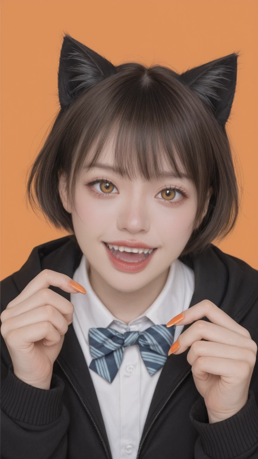  realistic,score_9, score_8_up, score_7_up, 
 1 girl, alone, Animal ears, bow, teeth, Jacket, Tail, open mouth, brown hair, orange background, bowtie, Orange nail, Simple background, cat ears, Orange Eyes, blue bow, animal ear hair, cat Tail, looking at the audience, Upper body, shirt, Uniforms, hood, striped bow, striped, white shirt, black Jacket, blue bowtie, nail, long sleeve, catwoman, bangs, Fangs, collared shirt, striped bowtie, short hair, Tongue, hoodie, sharp teeth, facial markings, Claw type,masterpiece, best quality,