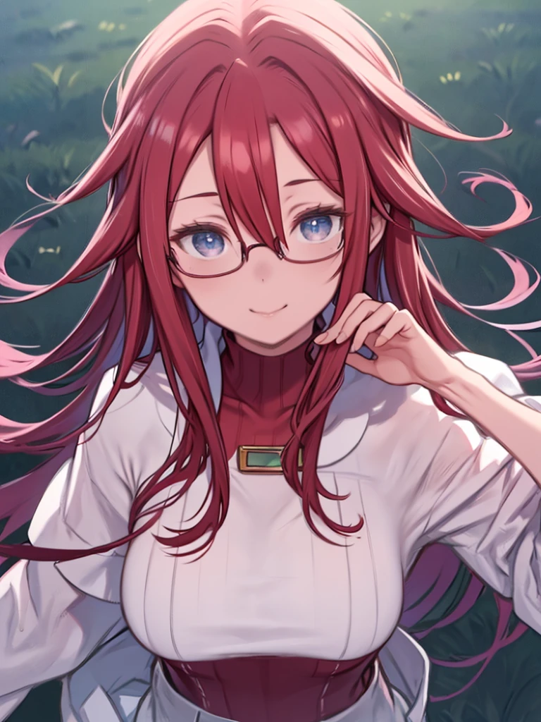 One Girl、Red Hair、long hair、Hair between the eyes、Blue Eyes、Big Breasts、Red turtleneck sweater、(((Angle from above)))、Wearing glasses、Wearing glasses、Glasses that have fallen down、Watching the audience、Looking up、Upper body close-up、A gentle smile、grassland、