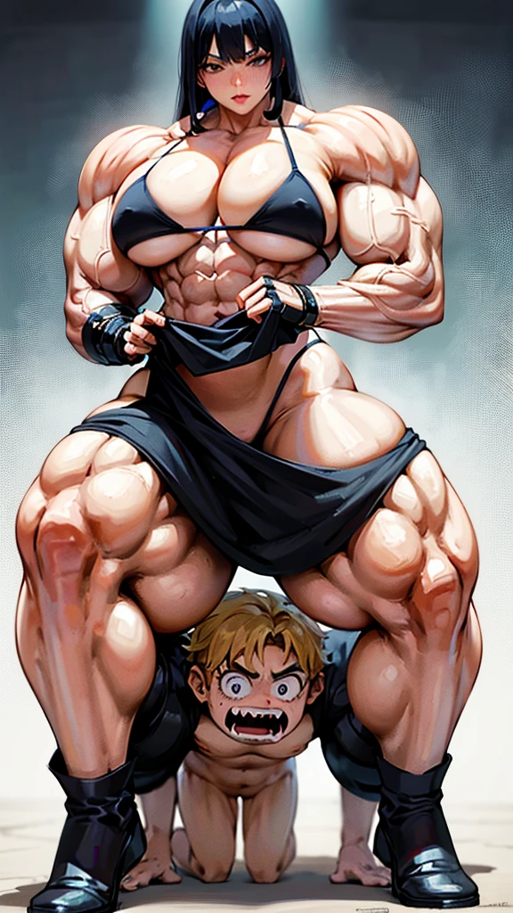 Woman in black bikini and small man in white shirt, weak and small man, thin and small physique, Very beauthful. , ,weak and defenseless man, small physique, , muscular ultraviolent woman, muscular and scary, absurdly huge physique, big muscles, extremely muscular woman, woman stepping on man, small man being stepped on by woman,