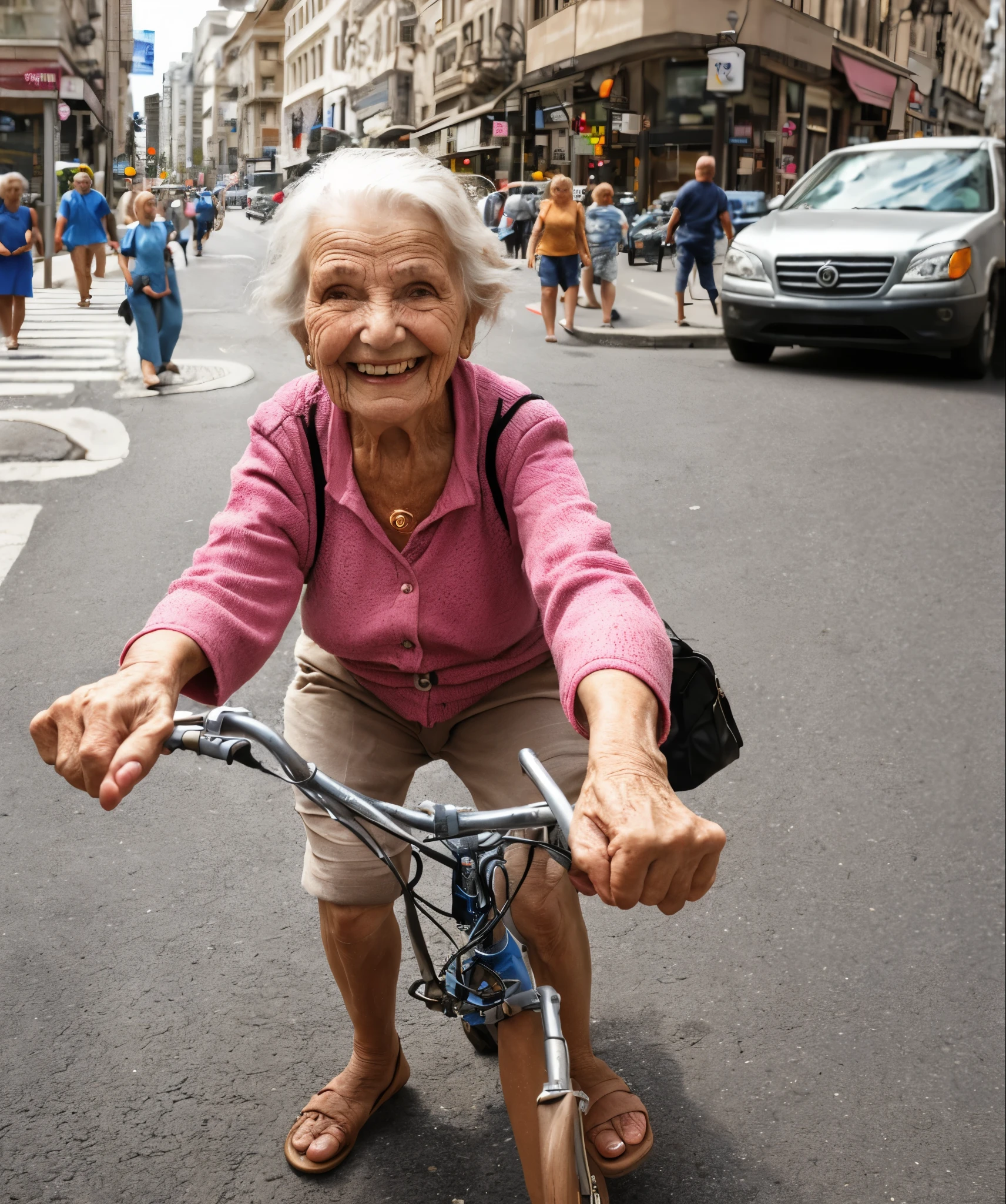 closeup of smiling old woman, city street, daytime, street traffic, asphalt