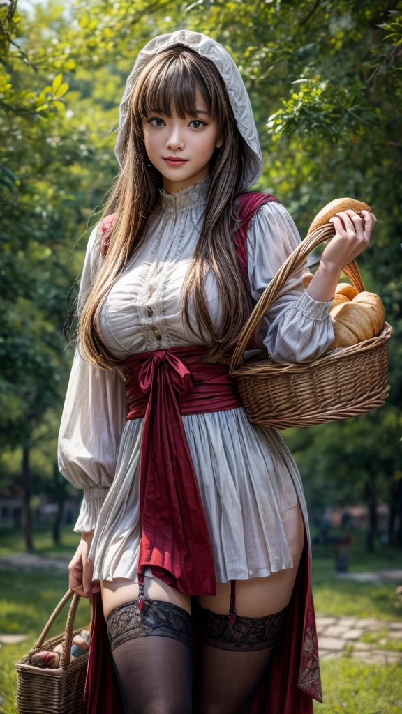 nsfw:0.1、4K, Realistic,Very detailed,((Big Breasts))、18-year-old、((blunt bangs))、(smile))、(Little Red Riding Hood)、(Medieval clothing)、(mini skirt)、Thigh-high stockings、(Carrying a basket of bread and wine)、grassland、((Delicate painting)),(Detailed RAW photos of girls), (Masterpiece:1.25), (Highest quality:1.6), (Ultra-high resolution:1.5), (Realistic:1.75), 8K resolution,:1.6), Canon EOS R5, 50mm,Very detailedな,Cinema Lighting