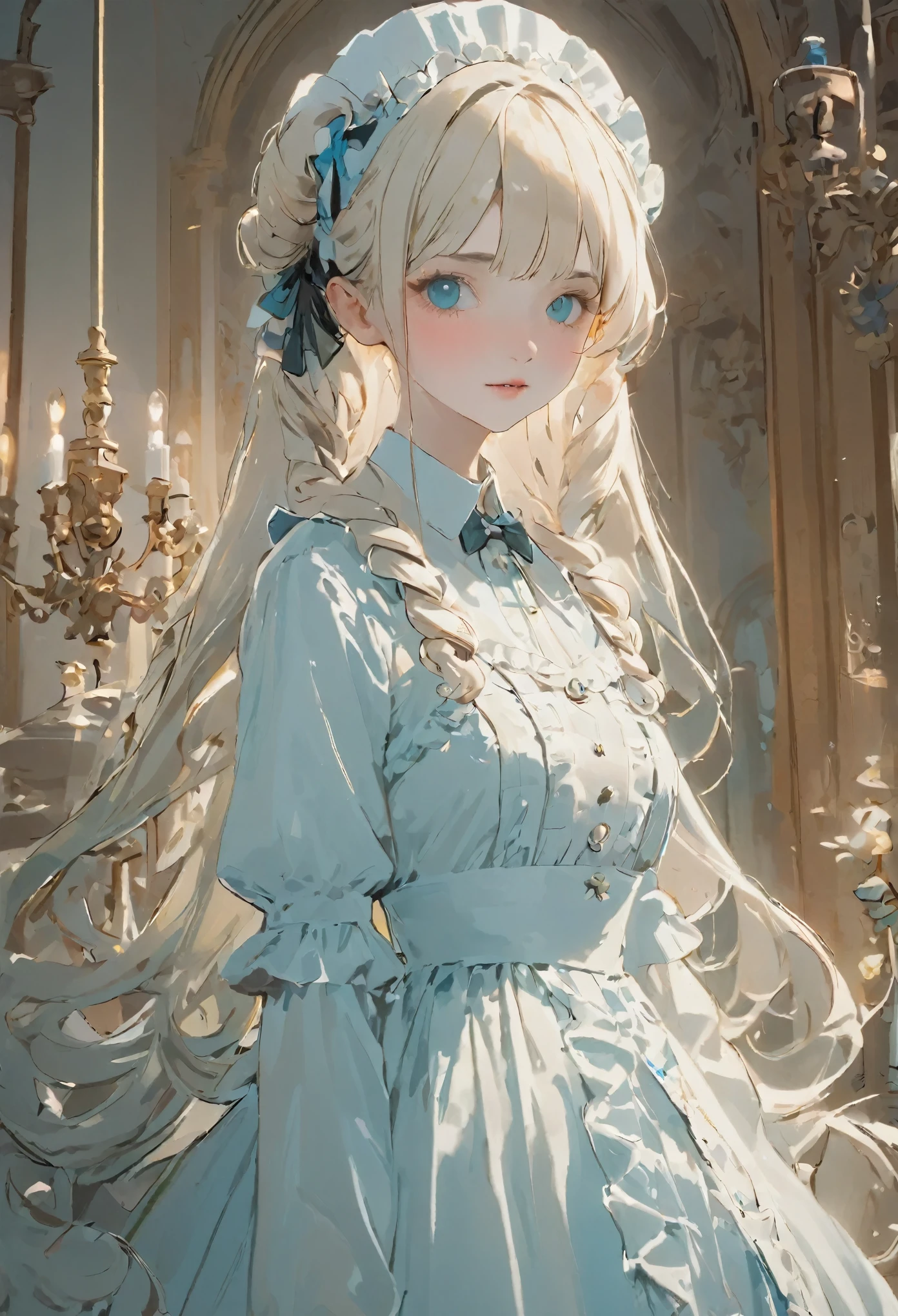 cute nurse character, Charming girl, long twin tails hairstyle, white gothloli outfit, Victorian and Rococo elements, medical syringes, IV drip bags, detailed accessories, soft pastel tones, whimsical medical setting, intricate dress design, delicate features, elegant and fantasy theme, highly detailed full body illustration. art by Ilya Kuvshinov and Sakizou and HACCAN.