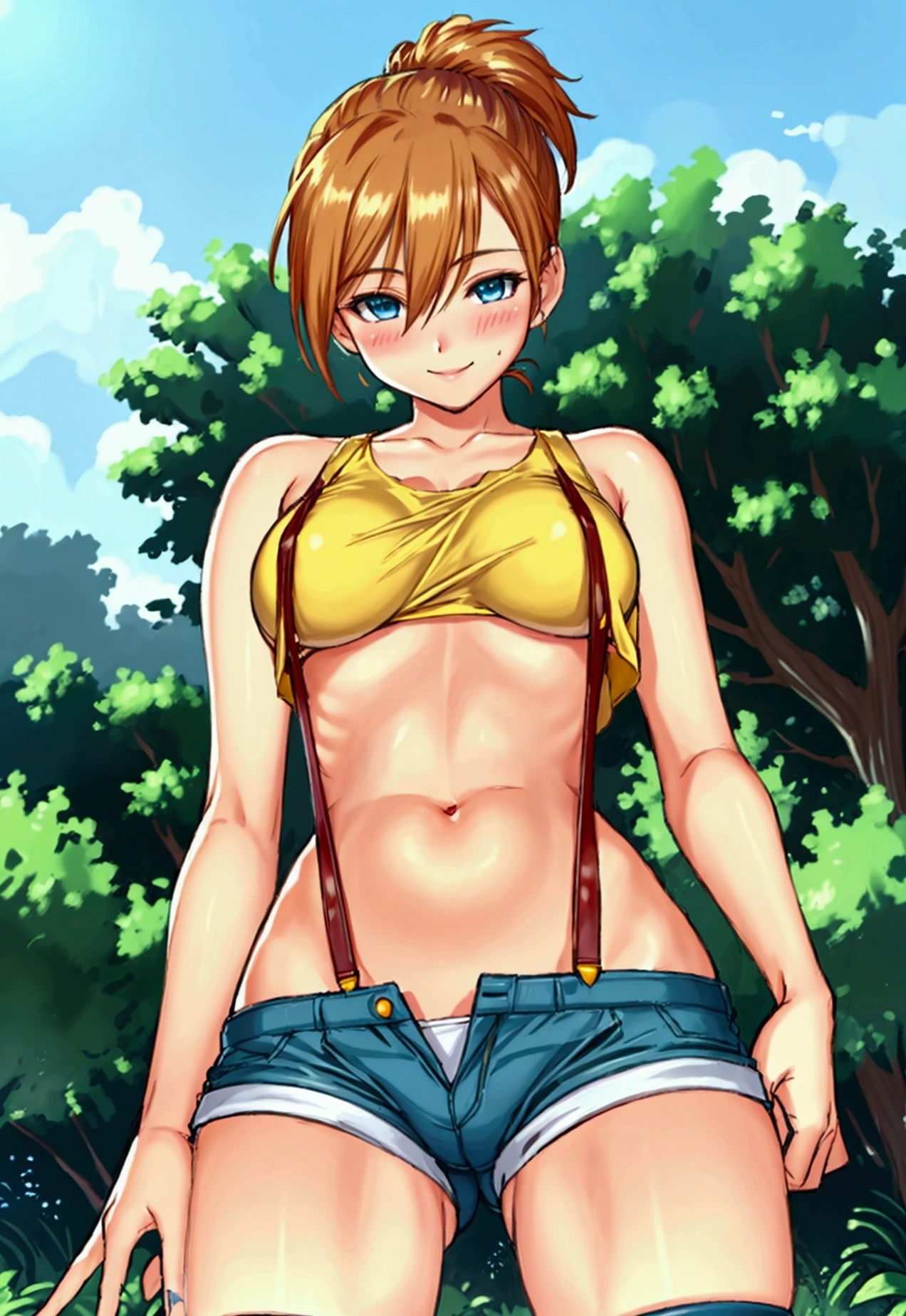 from front,from front,pov,Dutchangle,soro focus.straight-on,(upperbody:1),(finely detail ,best quality, ultra detailed),superfineillustration,anime studio,highly detailed, (detailed background, complex background:1.2), (perfect face, detailed face), full-face blush, (smile, happy), (milf, mature girl) misty_(pokemon), short hair,side ponytail, looking at viewer, smile, blush, navel, shorts, blue eyes, (suspenders), shirt, crop top,beautiful abs,(beautiful under_boob), midriff, short shorts, medium breasts,(beautiful body),(skiny skin).(). (outdoors, garden, thighs,standing),depth of field,holding pokeball,simplebackground,whitebackground
,misty_(pokemon),