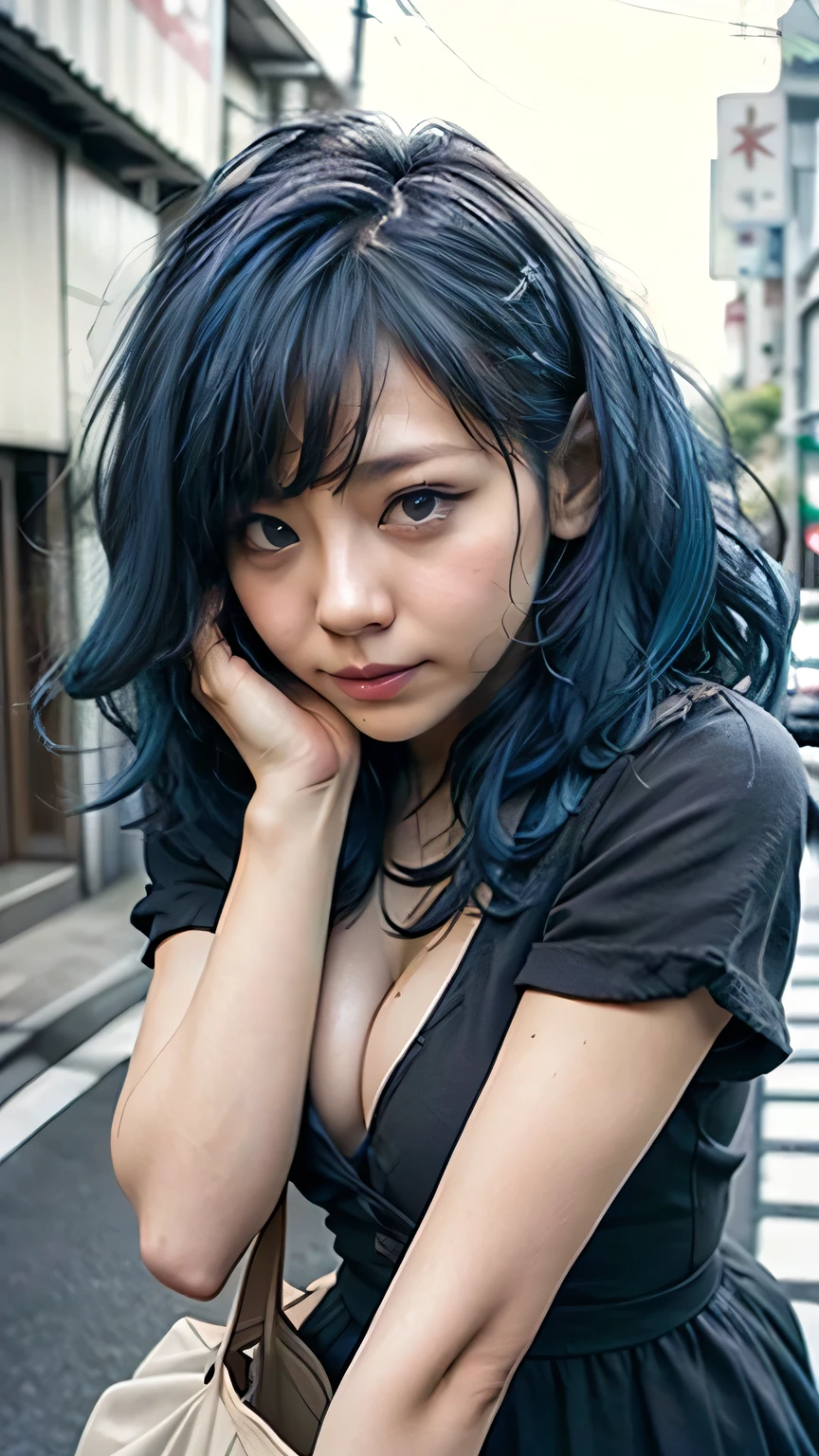 (Girl bends down to pick up bag from ground on Tokyo street:1.2、blue sky、Cleavage:1.4)、((Gothic ta、One-piece dress)、the wind is strong、(Realistic、Like a photograph、Live Action、8K, Realistic, RAW Photos, Best image quality: 1.4), Single-lens reflex camera、RAW Photos, Highest quality, Realistic, Highly detailed CG Unity 8K wallpaper, Written boundary depth, Cinematic Light, Lens flare, Ray Tracing, Realistic background、((ultra high density skin))、 Teenage girl on her way to school,Cute Japanese、(Big Breasts)、(whole body:1.5)、Super detailed face,avert your eyes:1.1、(Blue inner color hair、Long Straight Hair:1.2、My hair flutters in the wind:1.4)、I like that style、stylish、Very detailed、Pay attention to the details、Perfect outfit、(Sunburned skin)、View from the front、Accurate hands、Accurate legs、Detailed hands and fingers、Anatomically correct body、Thin legs、Thin thighs、Large Breasts