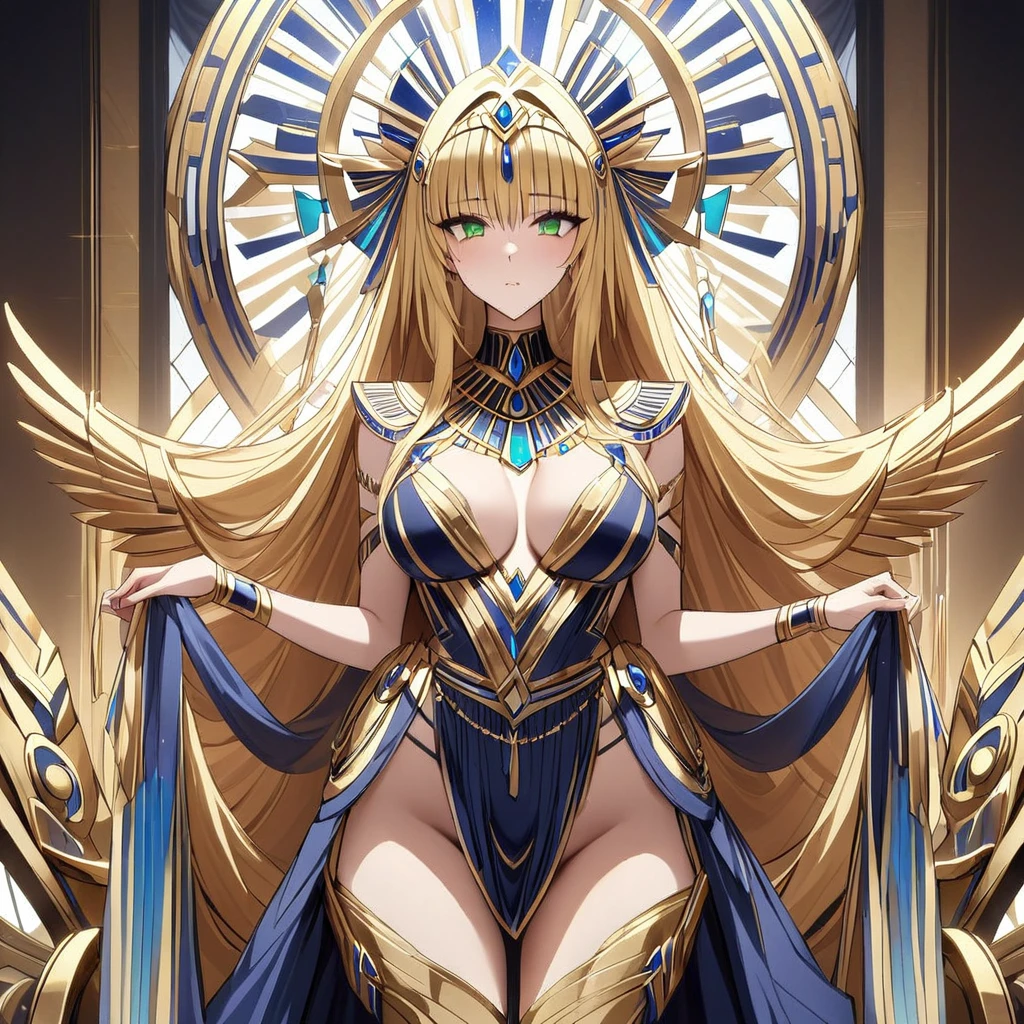 ((Highest quality)), ((masterpiece)), (detailed), （Perfect Face）、The woman is Queen Tiare of Egypt in the near future. She has green eyes, blonde medium-long hair, and dark skin. She is wearing the luxurious clothing of Egyptian royalty in the near future and reigns on the throne of Egypt in the near future.