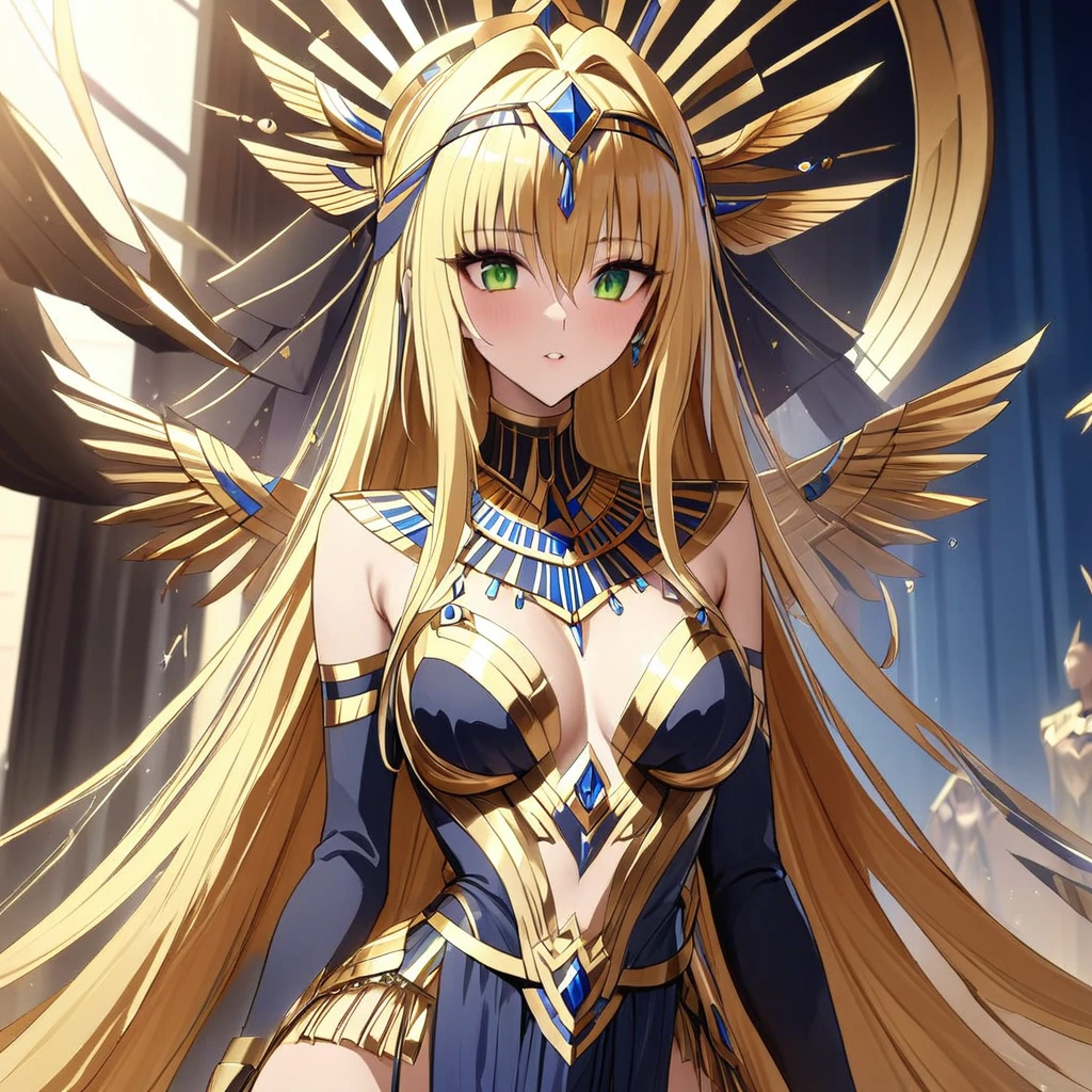 ((Highest quality)), ((masterpiece)), (detailed), (Perfect Face)、The woman is Queen Tiare of Egypt in the near future. She has green eyes, blonde medium-long hair, and dark skin. She is wearing the luxurious clothing of Egyptian royalty in the near future and reigns on the throne of Egypt in the near future.