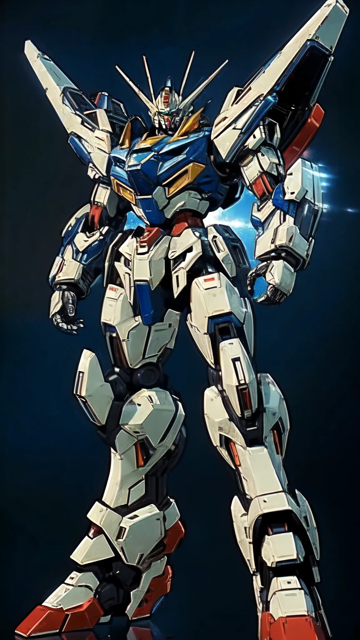 (masterpiece:1.5, best quality:1.5, extremely delicate:1.5, foreshortening:1.5, dynamic angle:1.5), humanoid Mecha, fully enclosed shoulder guards, matching arm and leg guards, full body, full armor, the design balances heavy with agility, (the color scheme is primarily white with red and blue accents, the concept Inspired by Super robot, organic biotech armor, standing, floating high above the futuristic sci-fi city), exquisite and mature art style, (aura effect, energy, glowing eyes, the armor glows), ((SRS)), metallic, dramatic, high definition, highres, ultra-detailed, ultra-fine painting, professional, perfect body proportions, anatomically correct, symmetrical face, extremely detailed eyes and face, high quality eyes, creativity, RAW photo, UHD, 32k, Natural light, cinematic lighting, masterpiece-anatomy-perfect