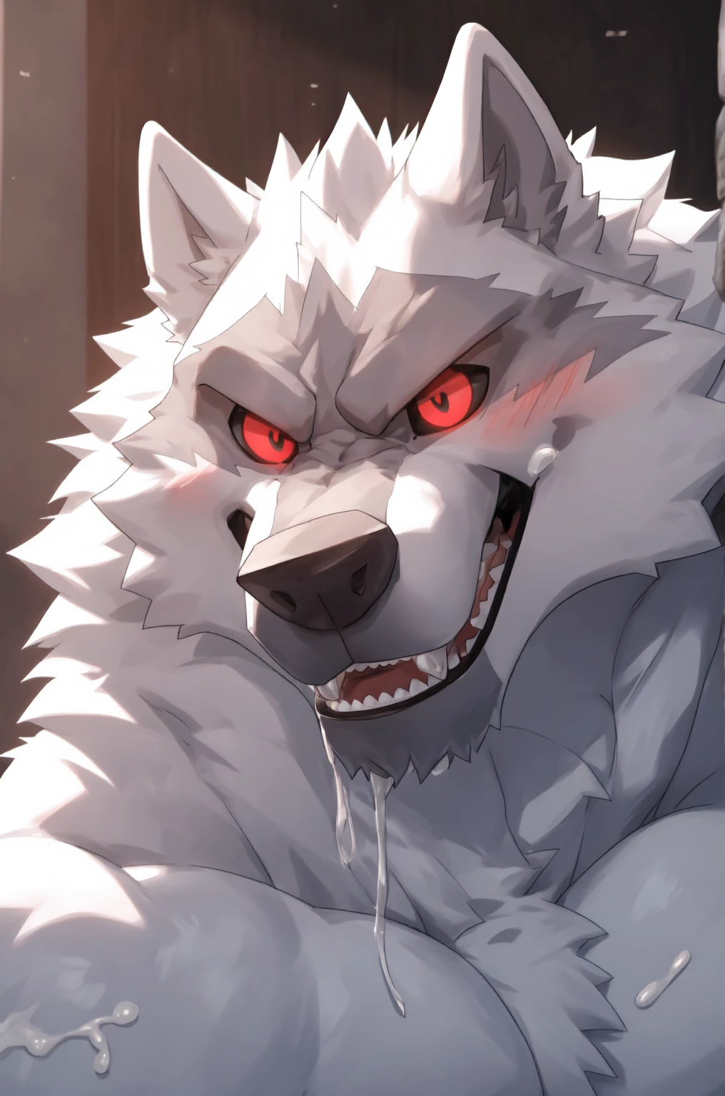 Death, male, wolf, red eyes, white fur, muscular, face shot, shirtless, cum on face, cum dripping out of mouth, cover in cum, angry, blushing, growling, hd 8k
