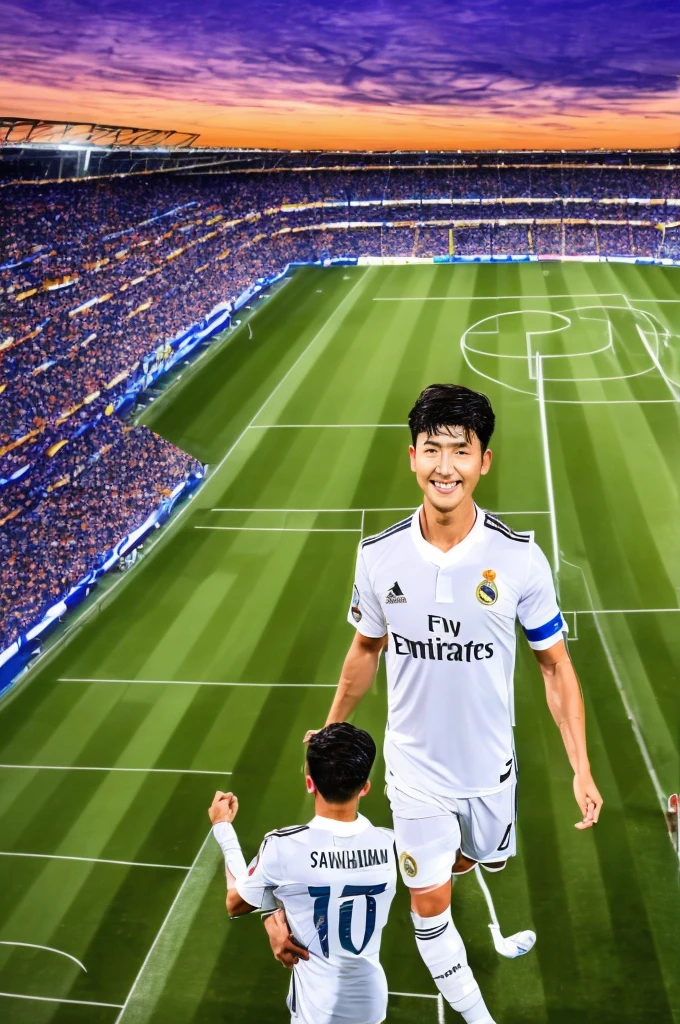 {{masterpiece}}}, hyper quality, {{{very realistic}}}, very delicate eyes, {{{best quality}}}, soccer stadium, {{Football Jerseys}}, {{{Real Madrid}}}, {{Beautiful night sky}}, Milky Way, light, crowd, football. Son Heung-min