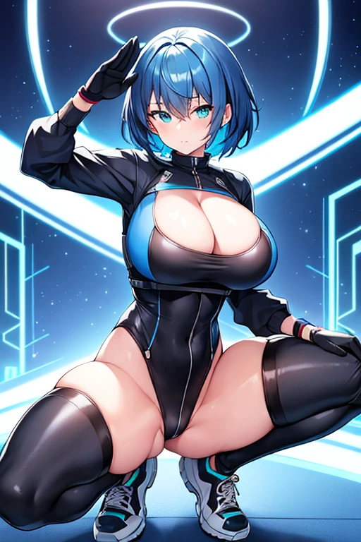 1girl, large breasts, thick thighs, blue hair, very short hair, shoes, sneakers, bodysuit, black bodysuit, cleavage, neon trim, neon lights, machinery, futurustic, science-fiction, tech, serious, spread legs, squatting, toned, ((toned)), salute, black thighhighs, thighhighs, mature female, milf, abs, robot, robot girl, highleg