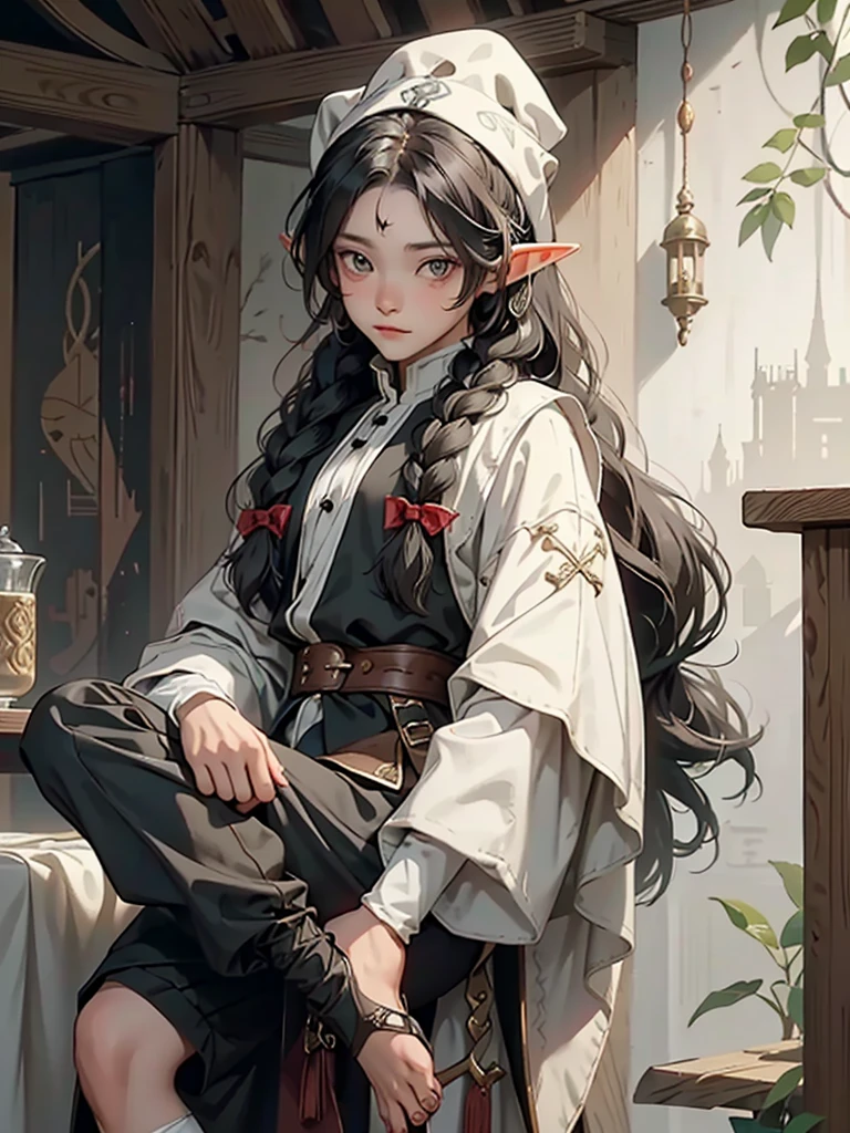 elf, young cute boy, long hair, braids, young, cute, ,medieval clothes, black and white clothes, jester, tanned skin, robe, pants, long socks