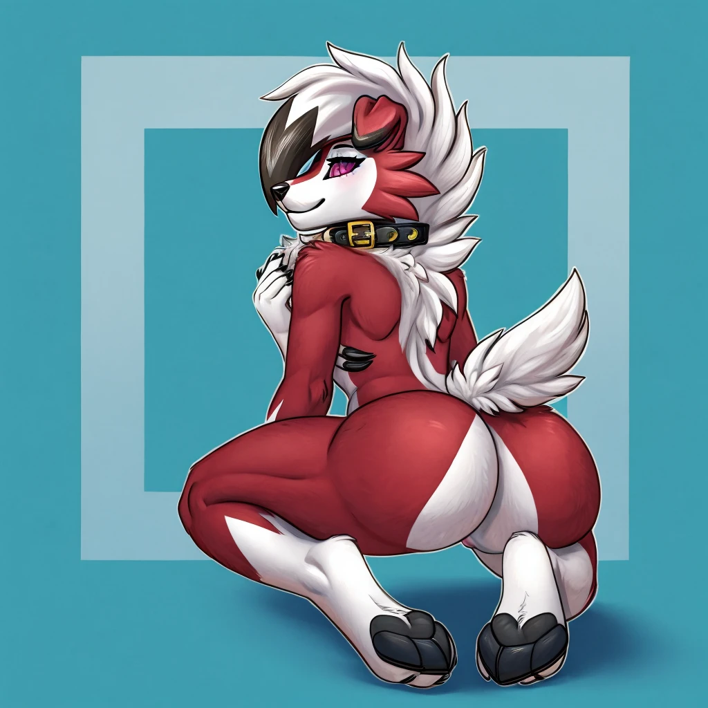 A naked white and blue Midnight femboy lycanroc showing off her ass wearing white socks with black stripes and a gold colored dog collar around her neck 