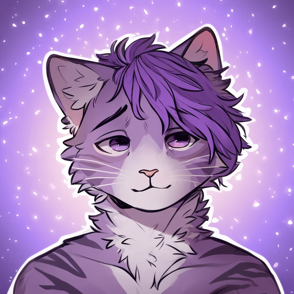 adult, feline, mammal, anthro, anthropomorphic, cat, striped, fur, striped_feline, fur, male, light_purple, purple_hair, fluffy, white, white_chest, shy, small_pupils, digital_art, high_resolution, high_res, hand-drawn, pencil_lines, head_visible, background, neck_visible, seductive_face, detailed_line_work, profile_picture, head_visible, purple_galaxy_background, cute, white