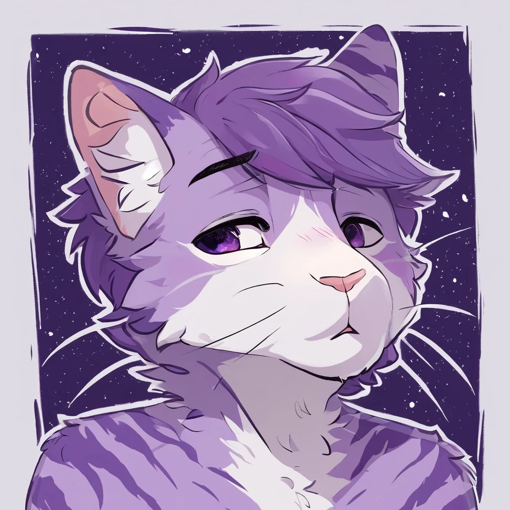 adult, feline, mammal, anthro, anthropomorphic, cat, striped, fur, striped_feline, fur, male, light_purple, purple_hair, fluffy, white, white_chest, shy, small_pupils, digital_art, high_resolution, high_res, hand-drawn, pencil_lines, head_visible, background, neck_visible, seductive_face, detailed_line_work, profile_picture, head_visible, purple_galaxy_background, cute, white
