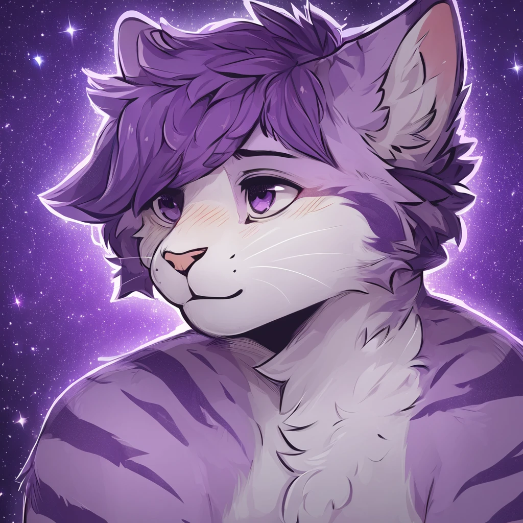 adult, feline, mammal, anthro, anthropomorphic, cat, striped, fur, striped_feline, fur, male, light_purple, purple_hair, fluffy, white, white_chest, shy, small_pupils, digital_art, high_resolution, high_res, hand-drawn, pencil_lines, head_visible, background, neck_visible, seductive_face, detailed_line_work, profile_picture, head_visible, purple_galaxy_background, cute, white
