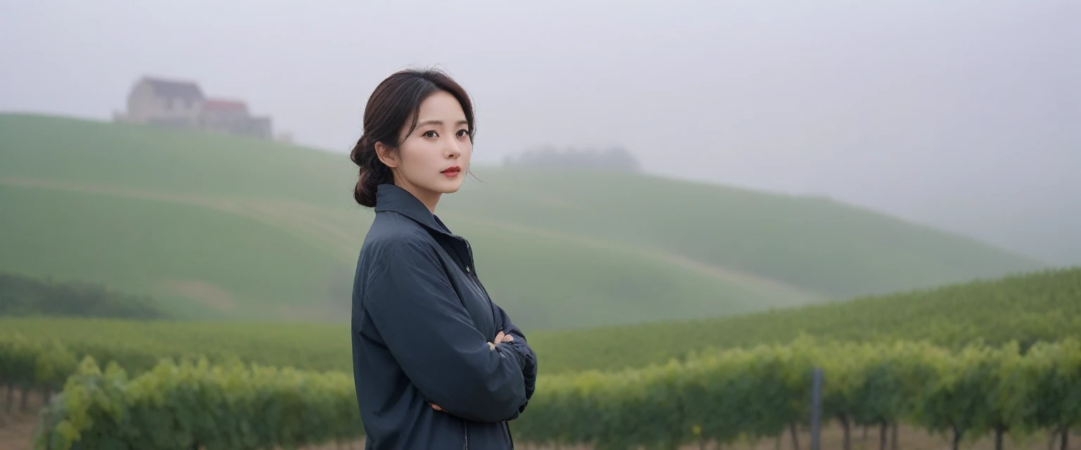 Beautiful 36-year-old Korean woman, Chest size 34 inches, The cathedral can be seen through the early morning fog past the vineyards in the Croatian countryside., The back background is realistic and vivid image quality, short and medium hair,her clothes are nice, Casual and British - (black windbreaker) Perfect and realistic photos, The background is realistic. Full body shot with Canon camera 16-35 wide angle lens, expressionless, Front photo looking at the camera from a vineyard hill covered in thick fog, 1 woman, Pictures of the whole body
