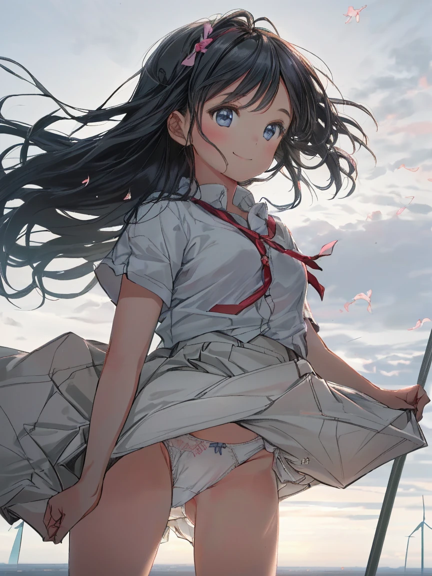 masterpiece, (realistic, photo realistic:1.2), ((highest quality), extremely fine and beautiful, beautiful face details, real human skin, realistic, photorealistic, 1girls, small girl, chibi, smile on face, cow-boy shot, (mahoushoujo:1.2), Tiny breasts, emphasis A-cup, White shirt, White underwear, (wind, wind lift, Skirt lifted by the wind, skirt rolled up by the wind, Skirt flutters:1.5), (Fully exposed panties:1.5), (white panties:1.5), (standing a:1.7),