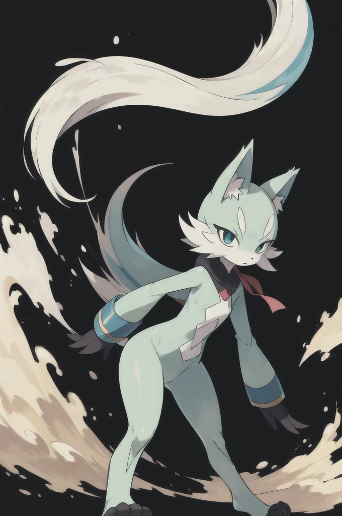 Pokémon-style anime illustration of a slender, wolf-like creature. Quadrupedal stance with a sleek, streamlined body. Chibi or super-deformed art style, but with an elongated form. Wind element theme. Body is primarily pale green. White eyebrows as an accent feature. Wind symbol patterns on its paws. Large, expressive eyes. Fur appears light and wispy, as if constantly blown by a gentle breeze. Legs are long and nimble, emphasizing its agile nature