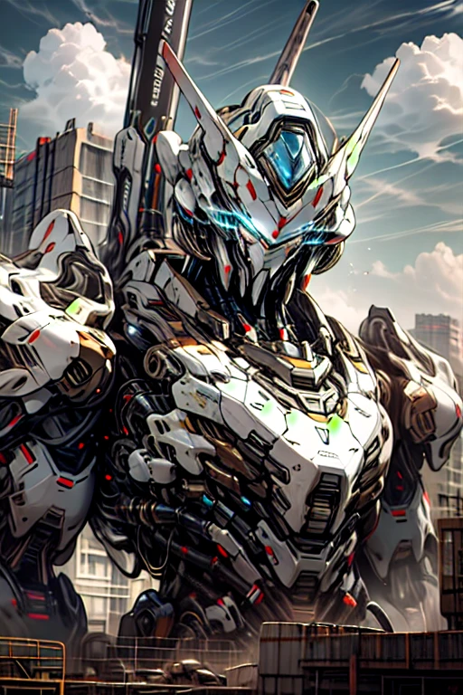 sky, cloud, holding_weapon, no_humans, glowing, , robot, building, glowing_eyes, mecha, science_fiction, city, realistic,mecha