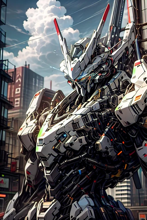 sky, cloud, holding_weapon, no_humans, glowing, , robot, building, glowing_eyes, mecha, science_fiction, city, realistic,mecha