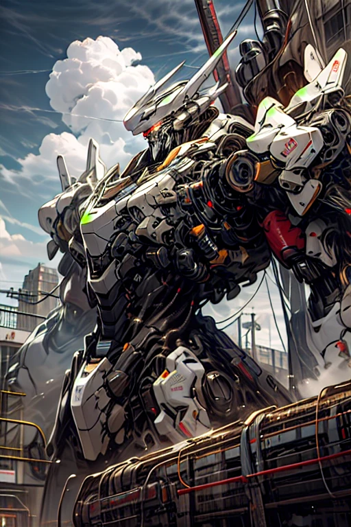 sky, cloud, holding_weapon, no_humans, glowing, , robot, building, glowing_eyes, mecha, science_fiction, city, realistic,mecha
