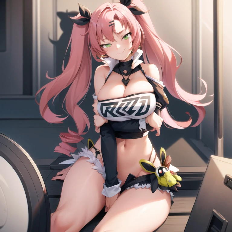 (Best quality), (masterpiece), (realistic) and ultra-Detailed photo of cute 1 nerdy girl in futuristic neon headphones with plastic fox ears on them, She has a (fluffy pink hair), is wearing an leather (unbuttoned) pink-Black racing jacket on a naked body, leather tight shorts, and exudes a ((beautiful and aesthetic)) vibe, ((huge open erect tits)), (erect nippleslips) , open chest, open tummy, sexy body , detailed pupils and iris of eyes, long eyelashes, Embarrassed and lustful smile,