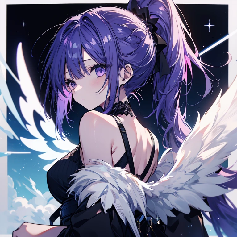 1 girl、Mature、Ample breasts、Long Hair、Purple Hair、ponytail、ハイponytail、Black Dress、Big Wings、White Wings、背中にBig Wings、Shoulder Bare、look back、Looking up at the sky、tarry Sky、Blue rose、Kneel、Night view、Like a jewel、Cinema Lighting、High resolution、Highest quality