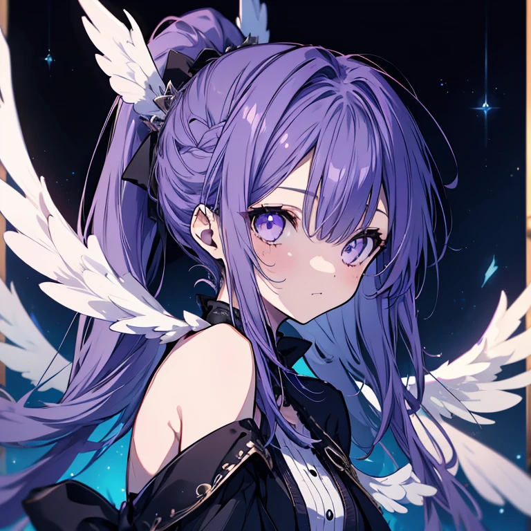 1 girl、Mature、Ample breasts、Long Hair、Purple Hair、ponytail、ハイponytail、Black Dress、Big Wings、White Wings、背中にBig Wings、Shoulder Bare、look back、Looking up at the sky、tarry Sky、Blue rose、Kneel、Night view、Like a jewel、Cinema Lighting、High resolution、Highest quality