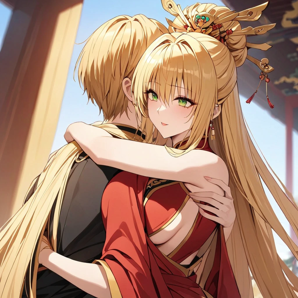 ((Highest quality)), ((masterpiece)), (detailed), （Perfect Face）、The woman is a Tieryu with green eyes, medium-long blonde hair, wearing a red ancient Chinese court costume and a gorgeous hair ornament.、The woman is an ancient Chinese empress and is embracing her husband, the ancient Chinese emperor.