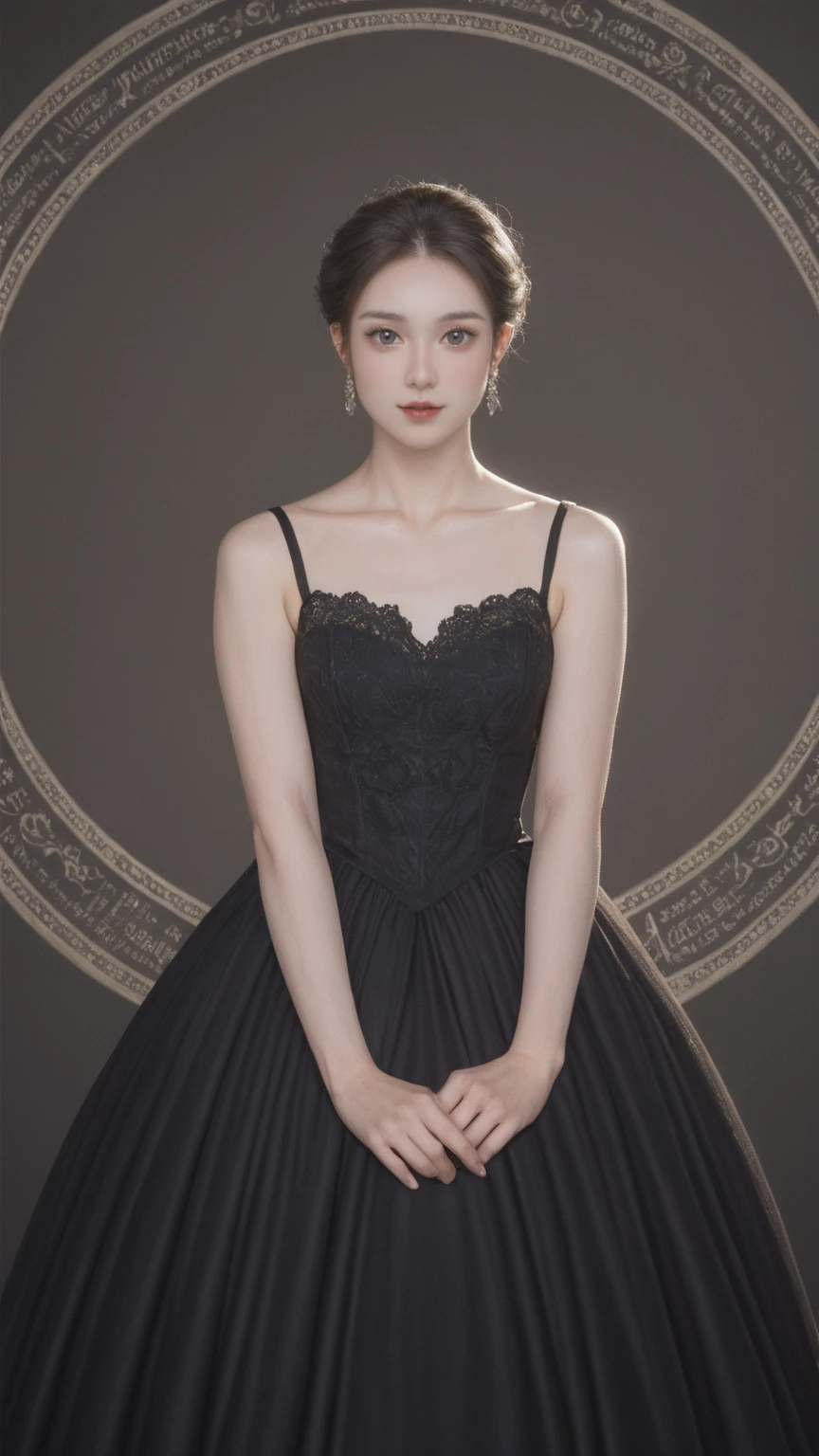 realistic,score_9, score_8_up, score_7_up, 
 Elegant single woman，Round dress，Shining eyes，Perfection in every detail，An exquisite masterpiece，The beauty of purity and lightness，Gentle，Attention to detail，Purple and Black Lace Circle Princess Dress，Fairy