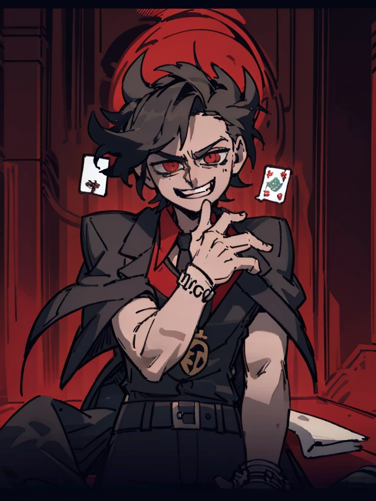 1 boy, black fur, sitting at a poker table, 20s clothing, 20s clothes, cards in hand, confident look, by the laugh, in a red background casino, gray room, best quality, super detailed, 4k, hyperrealistic, photorealistic, dramatic lighting, cinematic composition, intricate details, high contrast, vibrant colors, chiaroscuro, portrait, realistic, masterpiece