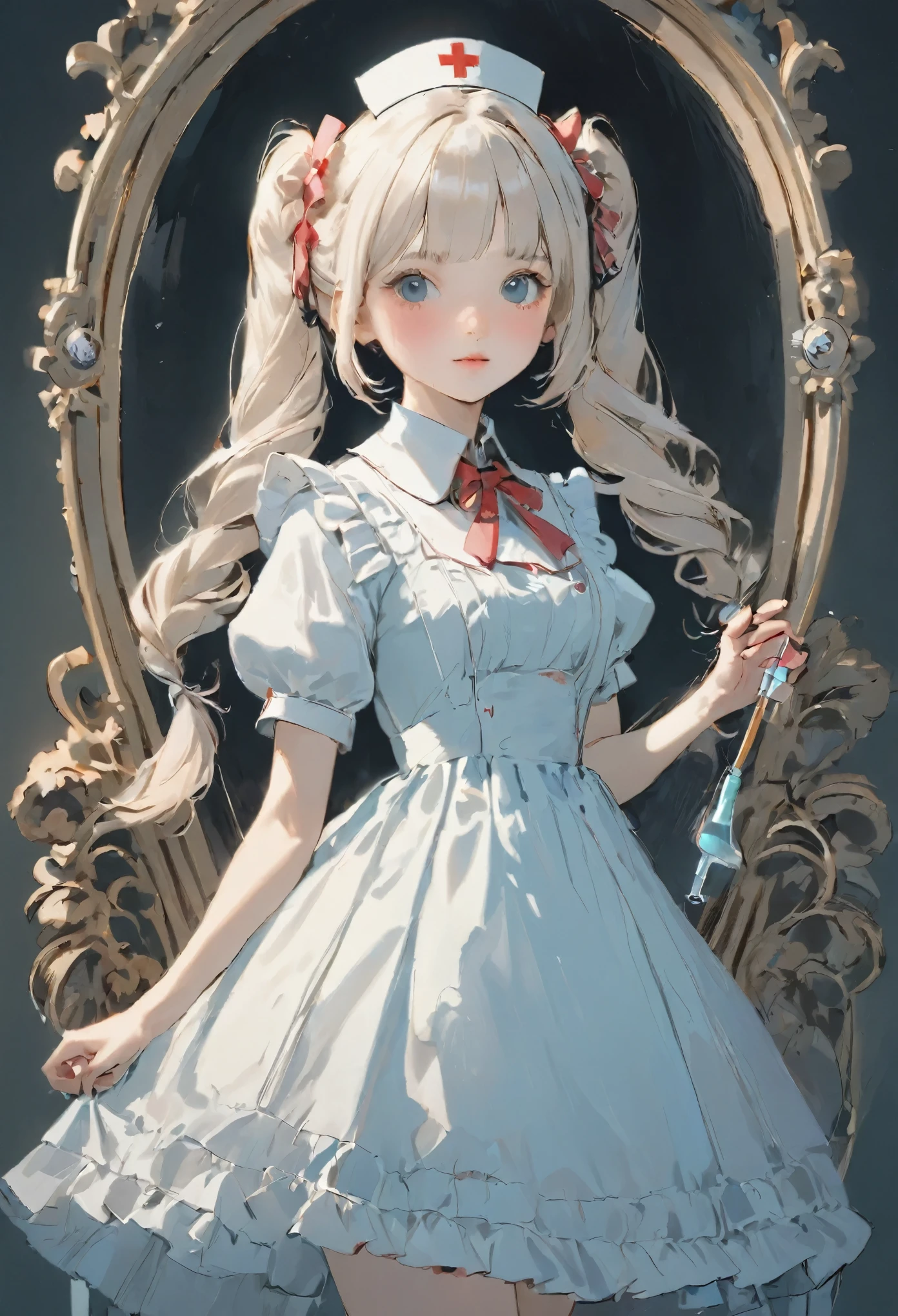 cute nurse character, Charming girl, long twin tails hairstyle, white gothloli outfit, Victorian and Rococo elements, medical syringes, IV drip bags, detailed accessories, soft pastel tones, whimsical medical setting, intricate dress design, delicate features, elegant and fantasy theme, highly detailed full body illustration. art by Ilya Kuvshinov and Sakizou and HACCAN.