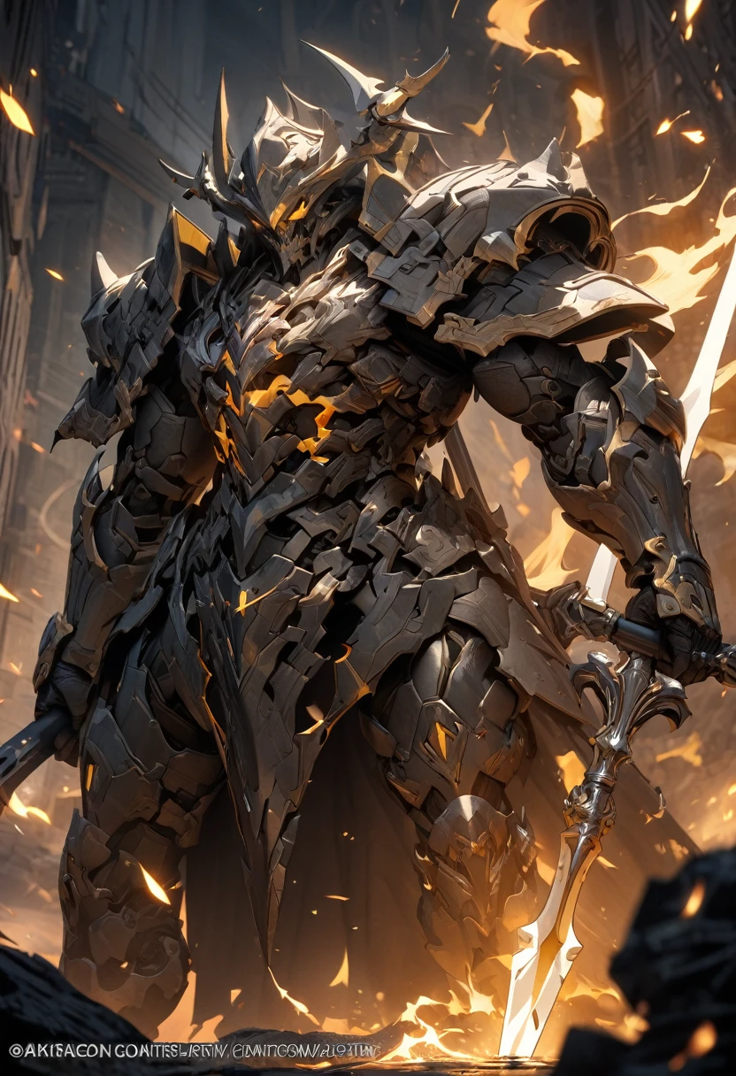 masterpiece, 8k, best quality, highly detailed, a spear made of bone & steel with a yellow & black flames