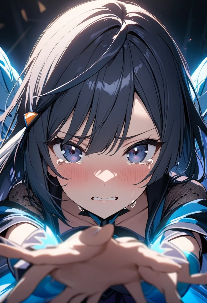 (Yuuki Setsuna), cool, dramatic pose, (masterpiece, best quality, ultra detailed), (cinematic lighting), blue idol costume, (pov, ), (looking at viewer), incoming hug, (extremely close-up of face, ), kindly, gently, ( tears, ),