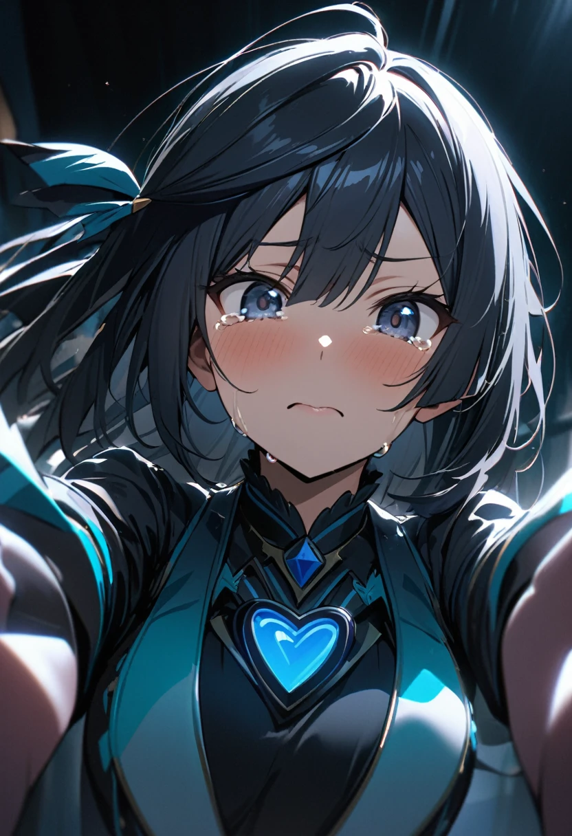 (Yuuki Setsuna), cool, dramatic pose, (masterpiece, best quality, ultra detailed), (cinematic lighting), blue idol costume, (pov, ), (looking at viewer), incoming hug, (extremely close-up of face, ), kindly, gently, ( tears, ), 