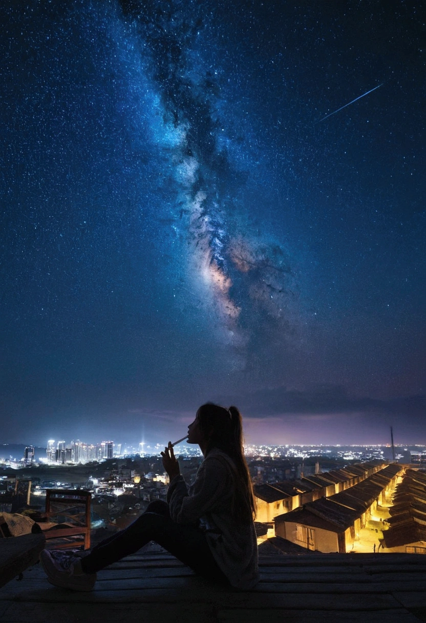 Octane, null, star (null), scenery, starry null, night, One girl smoking, night null, alone, Outdoor, building, cloud, milky way, Sitting, wood, Long Hair, city, silhouette, cityscape
