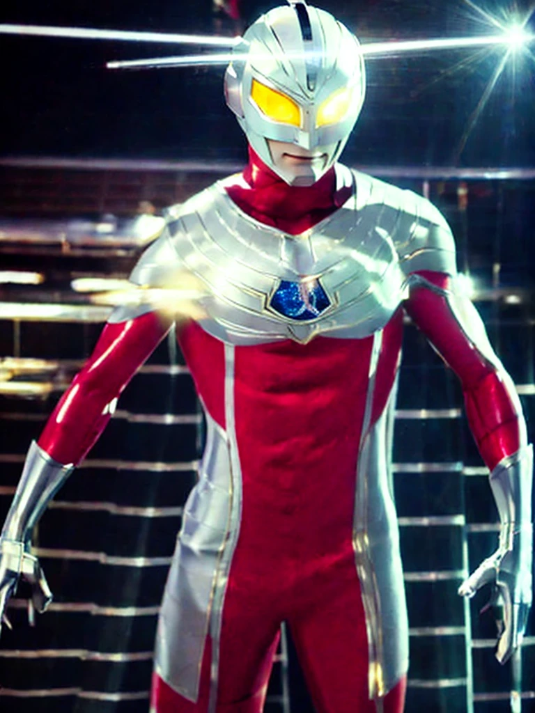 Put arms together and emit rays,40m tall Giant superhero Ultraman Taro,standing on Tokyo Japan in the dark,The same size as the building,tall and slim, portrait, fighting pose, photo high quality, realistic photo, night scene,silver helmet, glass hemisphere on chest glows, yellow eyes, forehead lamp glows,martial arts pose, slim body,long limbs,4K
