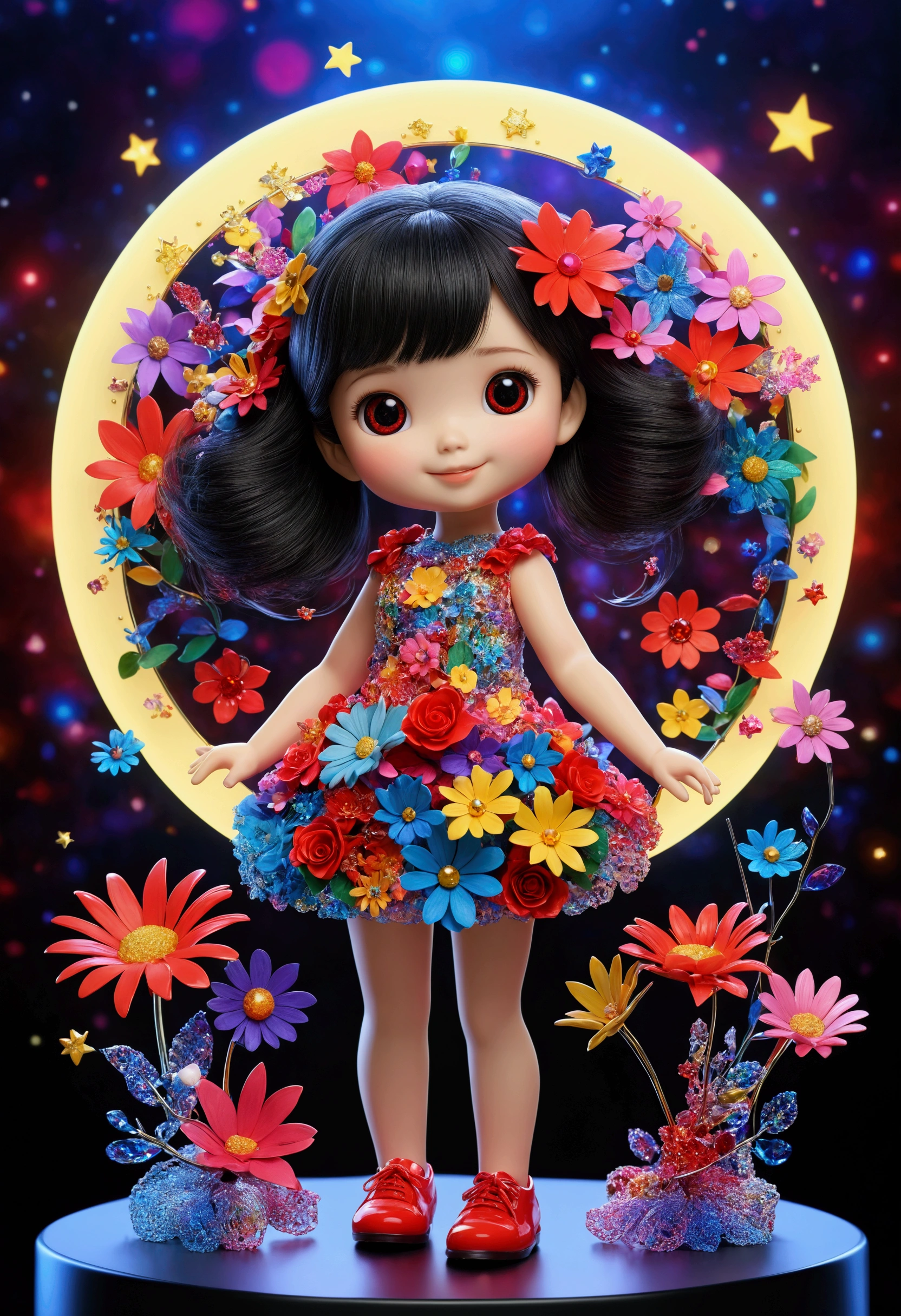 Extremely detailed,(Fractal Art:1.1),(Colorful:1.1)(Flowers:1.3)、 (Dynamic Pose), (Abstract background:1.3)、(Many colors:1.4)、Place one small doll on a circular stand、kawaii pose、A smile、A dark-haired、Chibi Doll、Stars in the eyes(kirakira, Eye Up、Laugh、Cute red shoes、Ultra Detail, radiant light、bio luminescent、Stronger bokeh effect、Taken from the side
