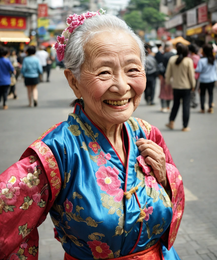 closeup of smiling old woman wearing typical Chinese costume for women, city street, daytime, street traffic, asphalt