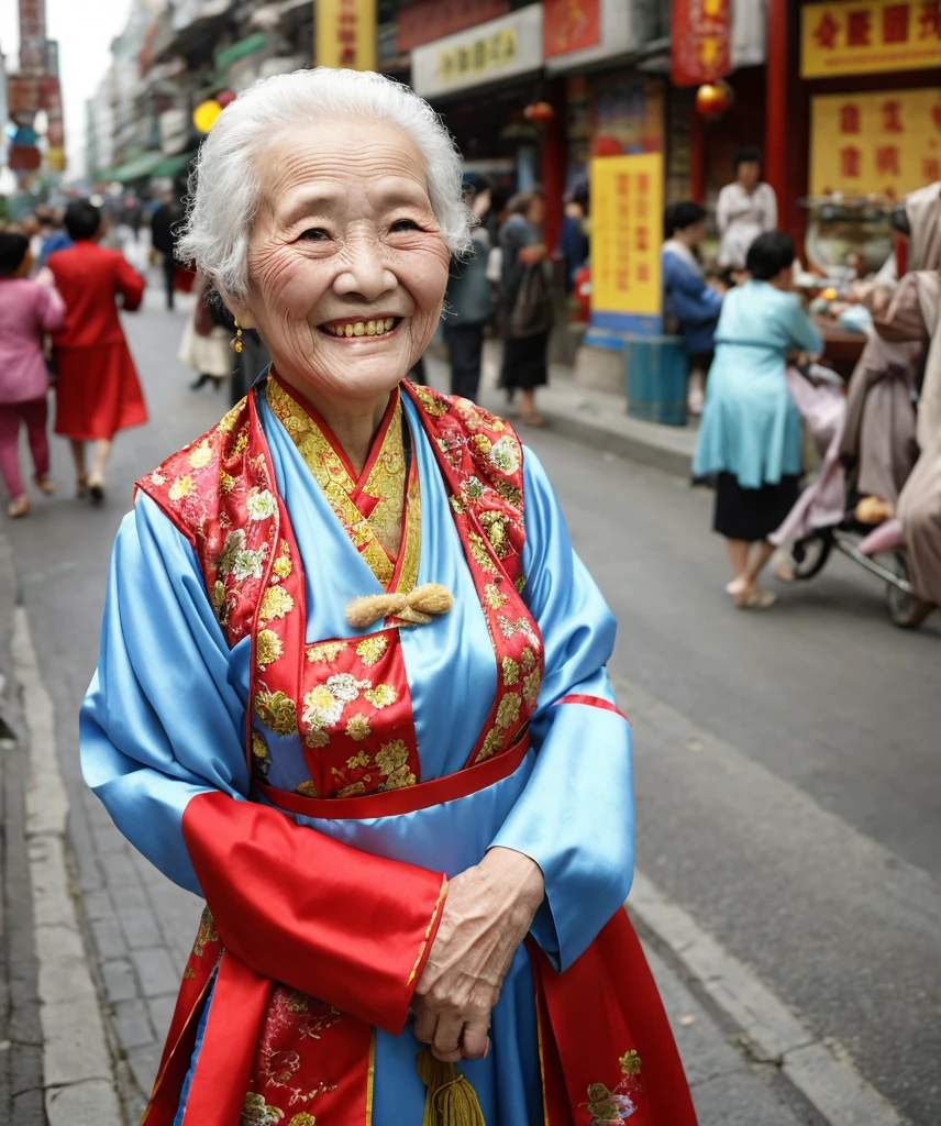 closeup of smiling old woman wearing typical Chinese costume for women, city street, daytime, street traffic, asphalt