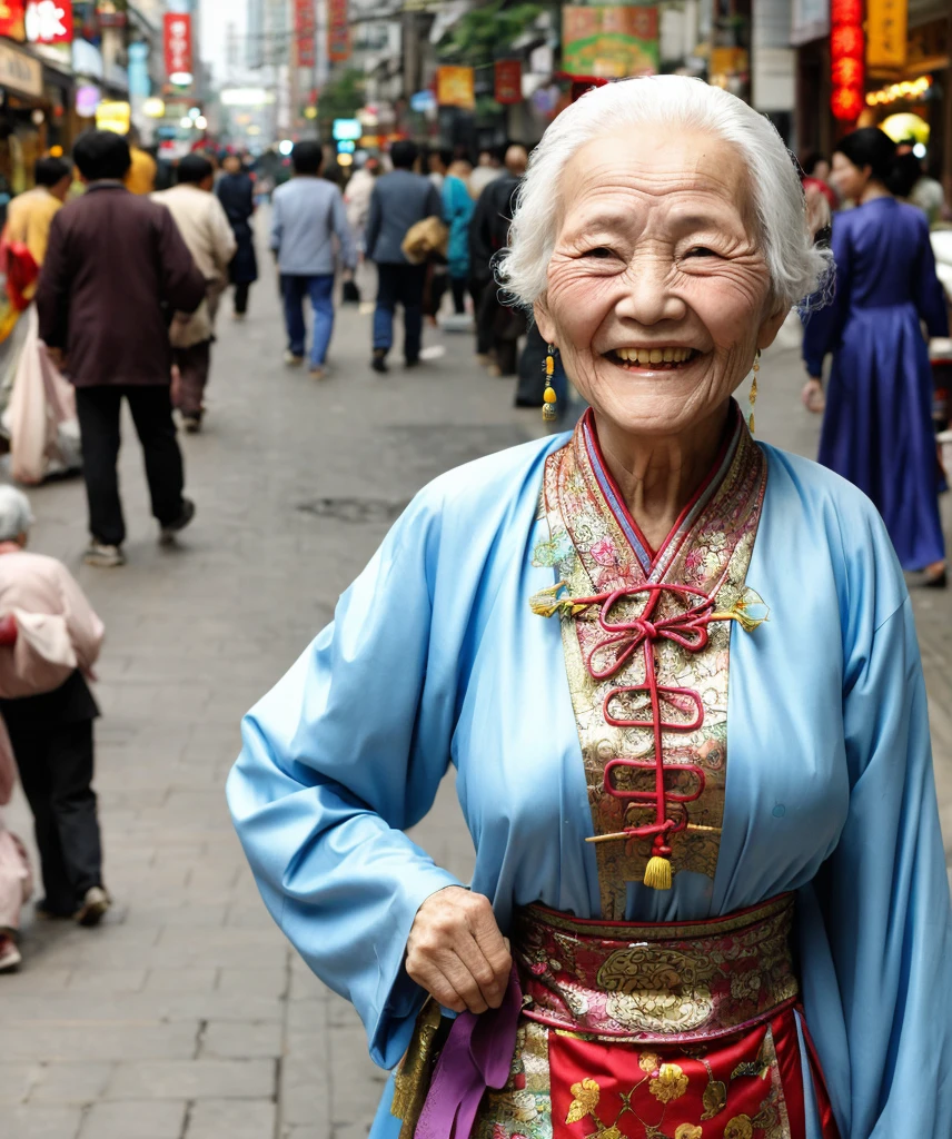 closeup of smiling old woman wearing typical Chinese costume for women, city street, daytime, street traffic, asphalt