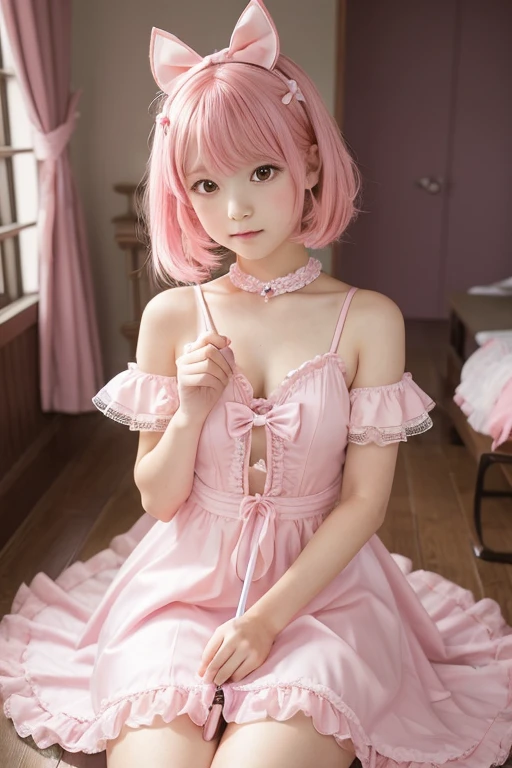 Girl with pink hair,ゴージャスなMagical girlの衣装, Pink dress with ribbons and frills, I have a magic wand in my hand, Pink heart on the end of a stick, Magical girl, 12-year-old girl, Gentle expression, Small breasts,