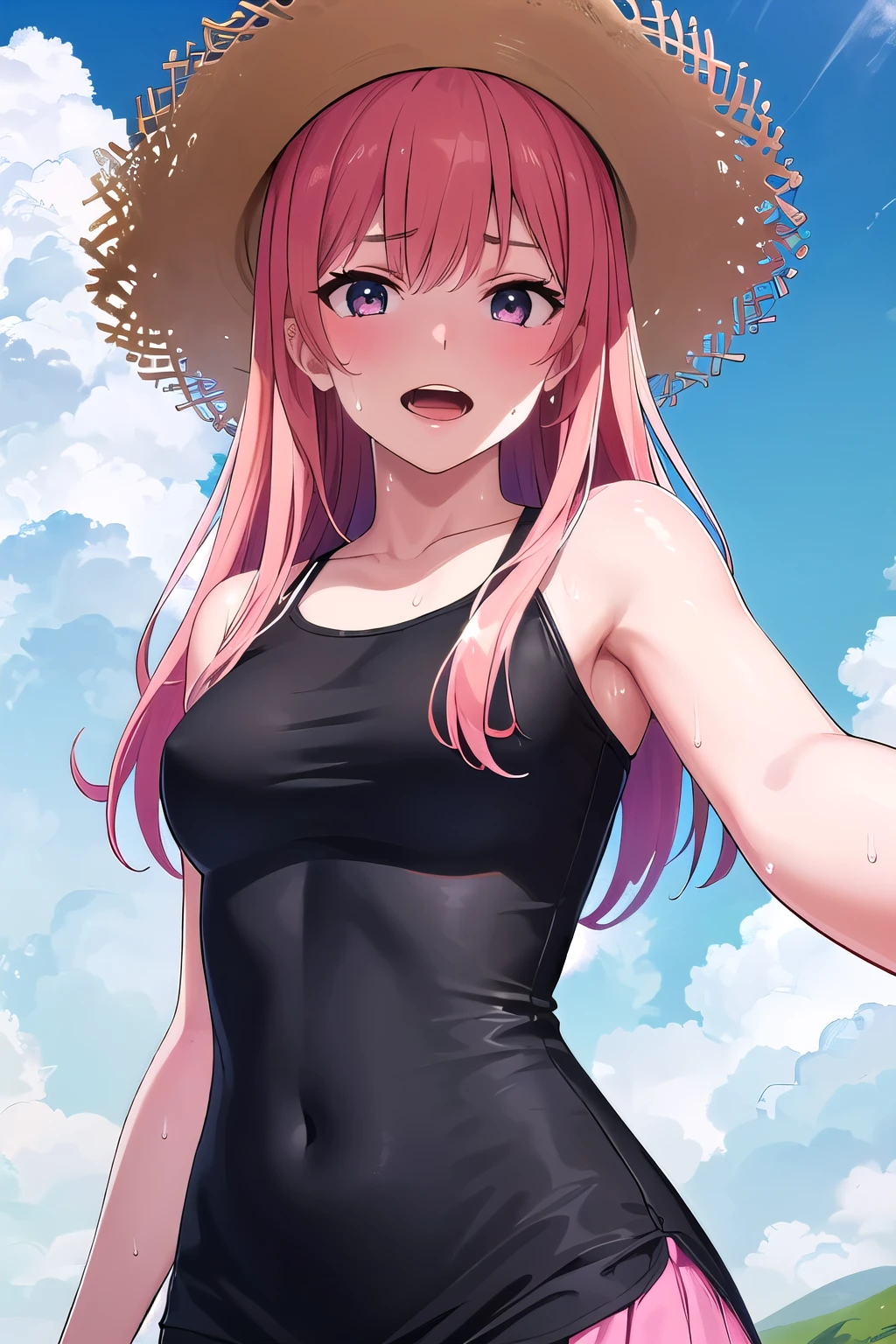 (8K, top-quality, masterpiece:1.2), (reallistic, Photorealsitic:1.37), Super Detail, One girl,), (Highly detailed), (beautifully detailed eyes), (of the highest quality), (super detailed ), (masterpiece), (Detailed face),20yr old, ,1 girl, ((pink hair,long hair)), medium breasts, clothed, Perfect Lighting, BREAK, (black tight dress:1.5), (long skirt:1.3), (embroidered hem:1.2), (Black high-gloss tights: 1.3), (white sandals:1.2), (straw hat:1.5), (white ribbon:1.3), (summer:1.4), (lightweight fabric:1.2), BRAKE, (upper body to thighs:1.2), (long pink hair:1.3), (gentle smile:1.2), (face slightly up:1.2), (holding a straw hat:1.2), (summer sky with cumulus clouds:1.4), (backlit:1.2), BRAKE (sweat:1.5), (steam:1.2), (girl trembling with sexual climax:1.1), (looking at viewer:1.3), (open mouth:1.2),
