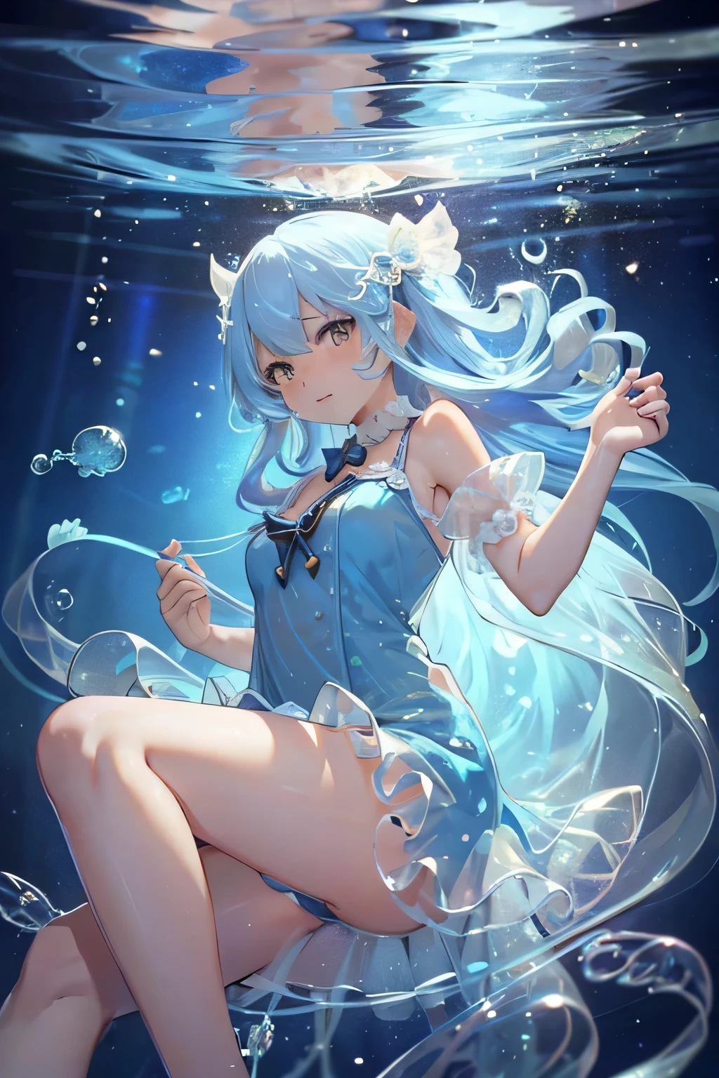 ((like vtuber)) ((high quality)) ((HD)) cute jellyfish girl with long and blue hair use short dress and there are big jellyfish around with her under water