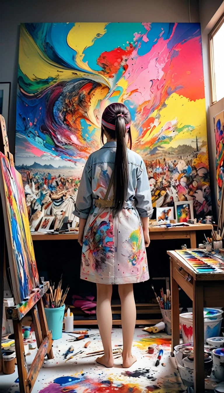 (girl), A girl stood in front of the canvas, Her ponytail is accessorized with a colorful headband.,Back view、 And then I got into painting. The background was a studio filled with art supplies and artwork., whole body, (photograph, RAWphotograph), panoramic, Award-winning, Movie stills, Emotional, Vignette, dynamic, Vivid, (masterpiece, Highest quality, Professional, Perfect composition, so beautiful, Absurd, Super detailed, Intricate details:1.3)、So that the picture can be seen
