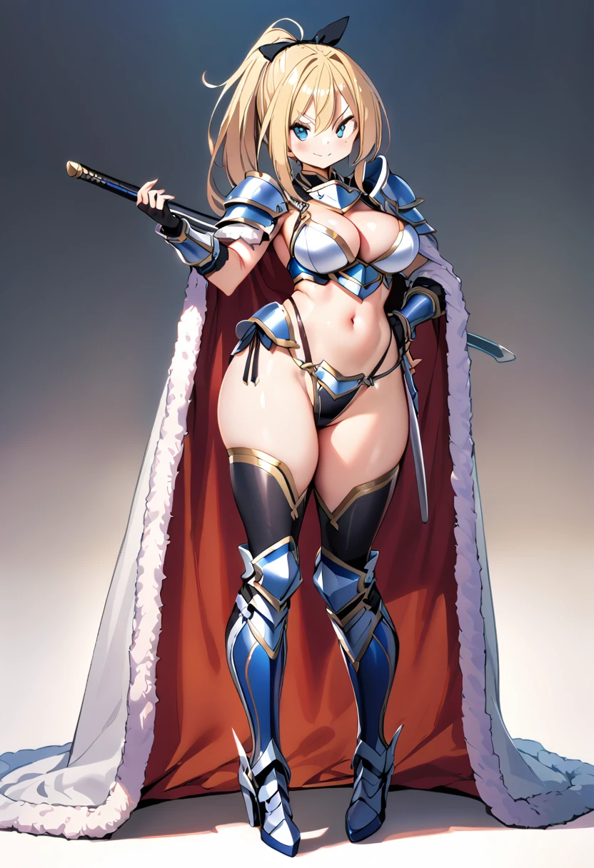 masterpiece, best quality, 1girl, breasts, solo, blonde-hair, blue-eyes, pelvic-curtain, navel, armor, large-breasts, ponytail, cape, cleavage, gloves, weapon, looking-at-viewer, smile, boots, fingerless-gloves, full-body, very-long-hair, standing, revealing-clothes, bikini-armor, black-gloves, fur-trim, simple-background, thighhighs, stomach, hand-on-hip, gauntlets, shoulder-armor, hair-bow, closed-mouth, bow, high-heels, midriff, armored-boots, hand-up, thigh-boots, thighs, ribbon, hair-between-eyes, v-shaped-eyebrows, blush, hair-ribbon, sheath
