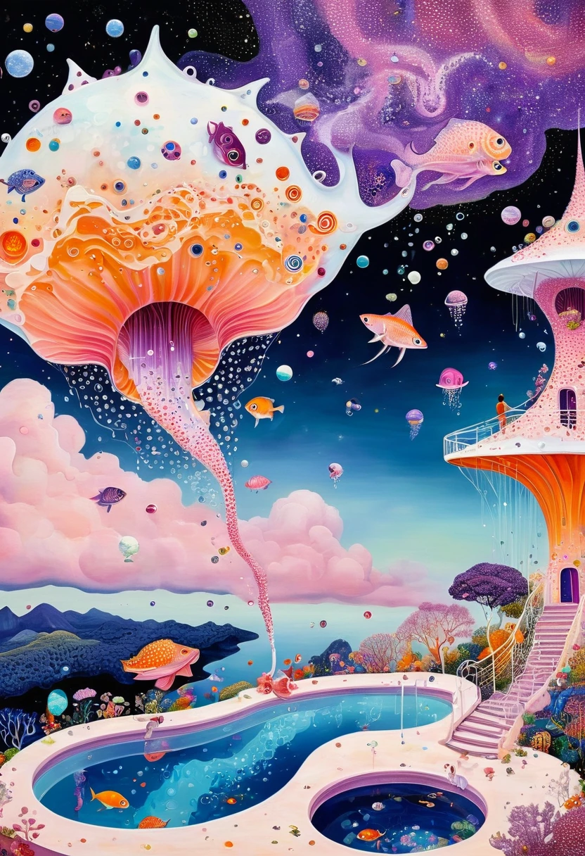 "Dick Ellescas Artist Style",3D transparent conch swimming pool in the sky,沐浴的章fish,Platform、Swimming ring、Starry Sky、cloud,fish、Tentacles、bird、Eye、Soap bubbles,diatom,Spiral Staircase,People silhouette、Stitching together an abstract painting,Describing the inner world of autistic people,Sense of space,White Space,interesting,Innocence,Psychedelic Art,Dense pointillism,Pink theme,Bold contrasts,Purple and Orange